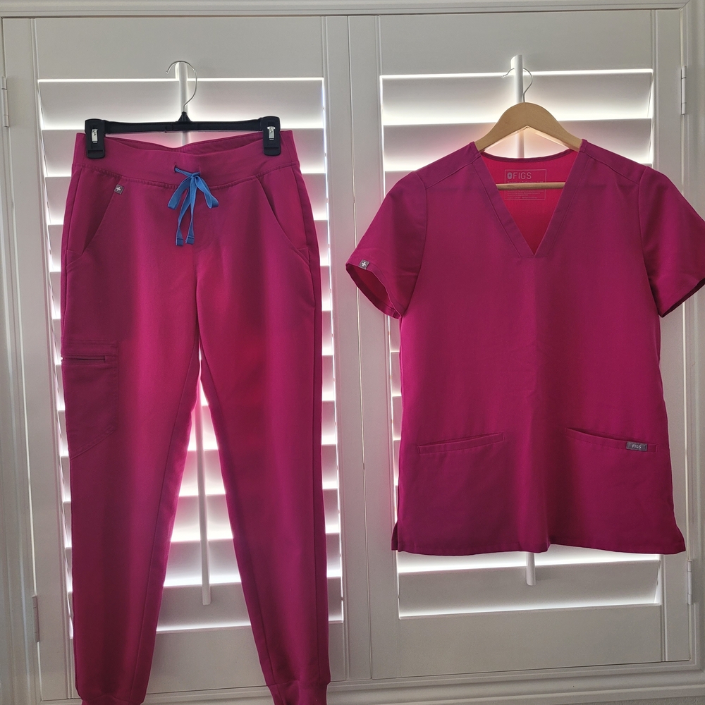 Pink Scrub Set with Blue Drawstring